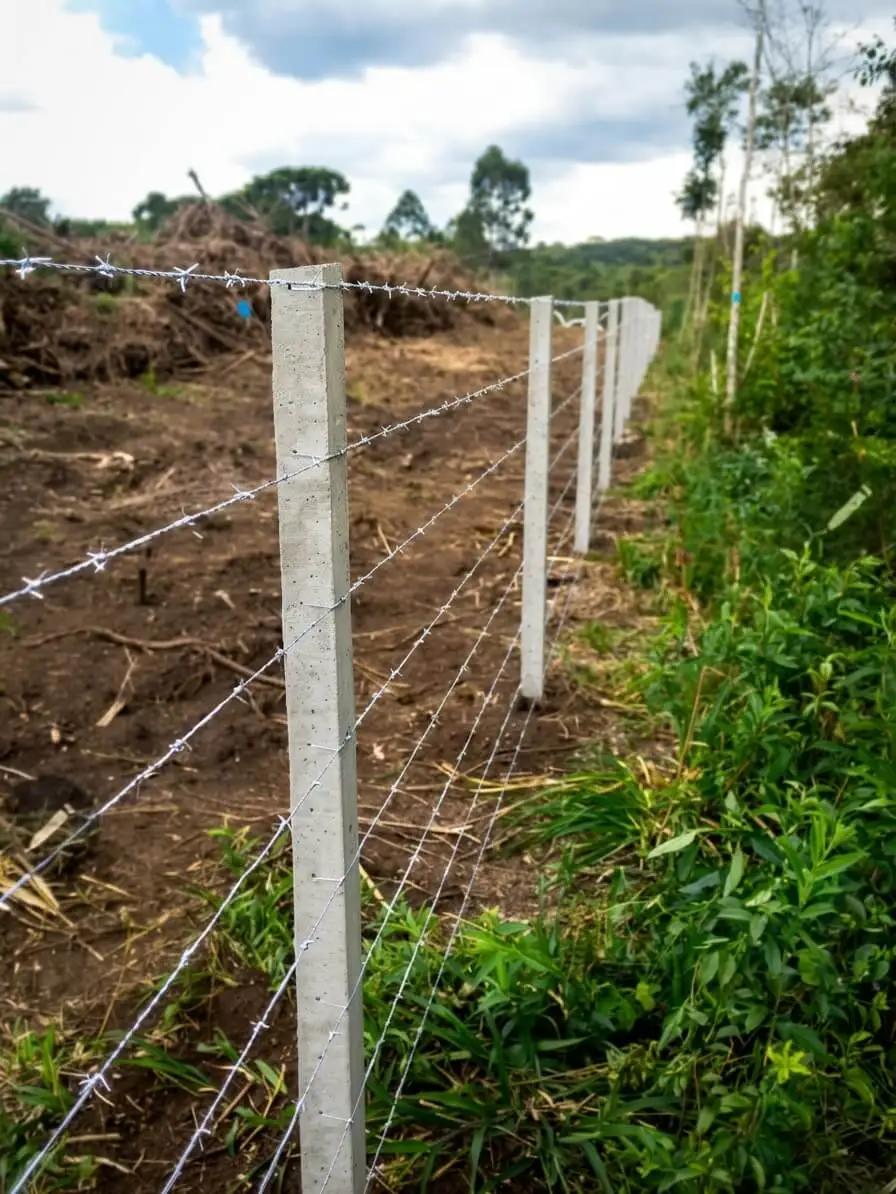 Cerca de arame farpado com palanques de concreto